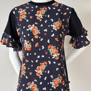 Louis Vuitton Floral Silk Cotton T-Shirt, Navy Ruffle Sleeve Designer Top